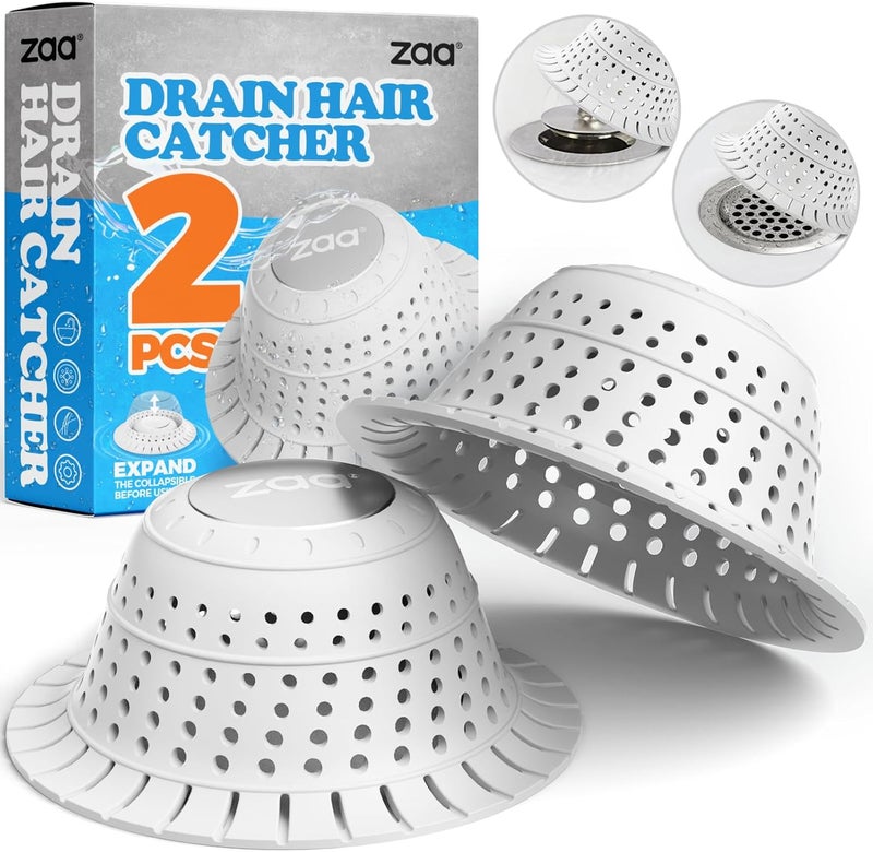zaa Bathtub Drain Hair Catcher, Silicone Collapsible 2 Pack Drain Protector for Pop-Up and Regular Drains of Shower, Bathtub, Tub, Bathroom, Sink, White - Image 1